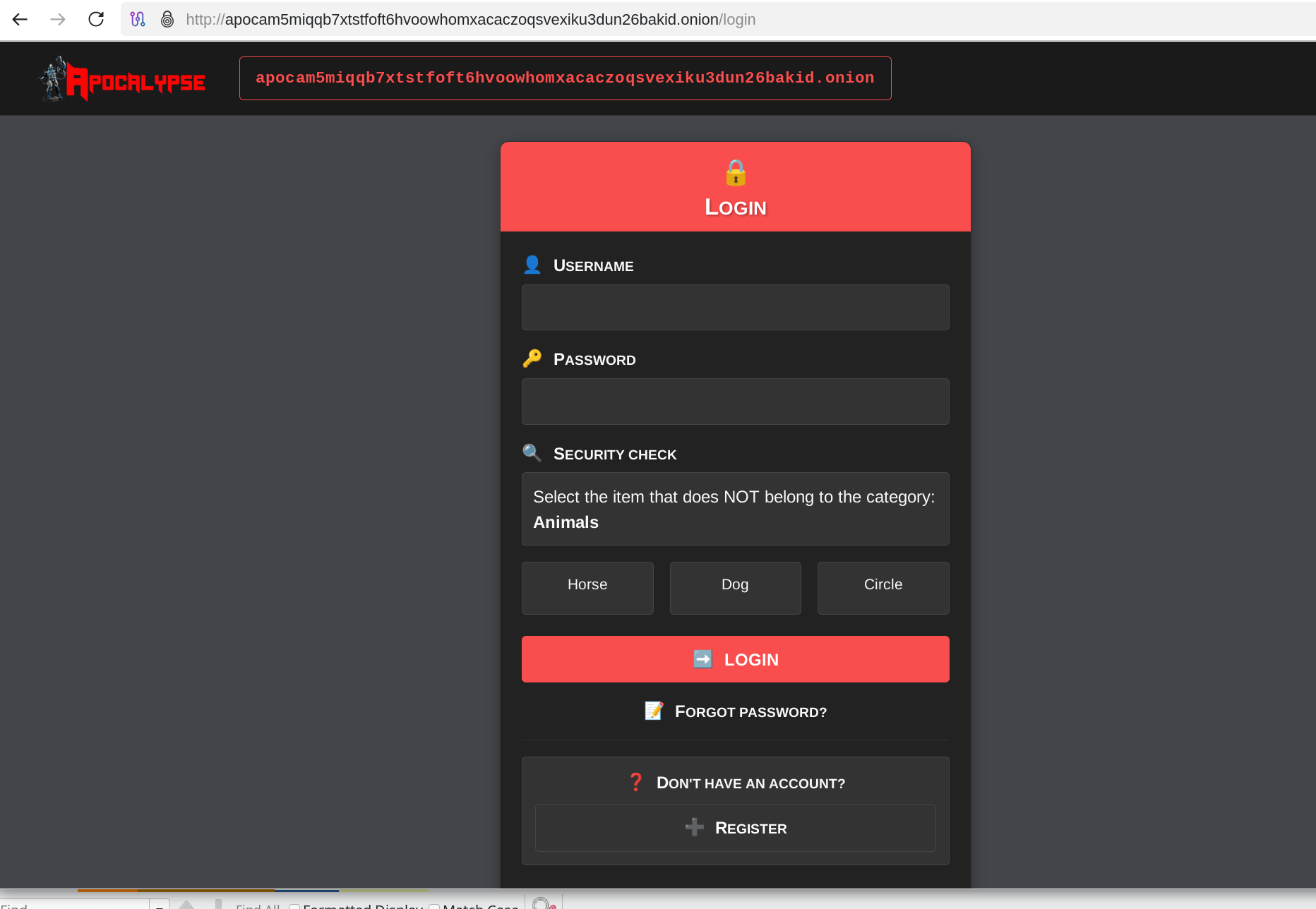 Apocalypse Market Login Page