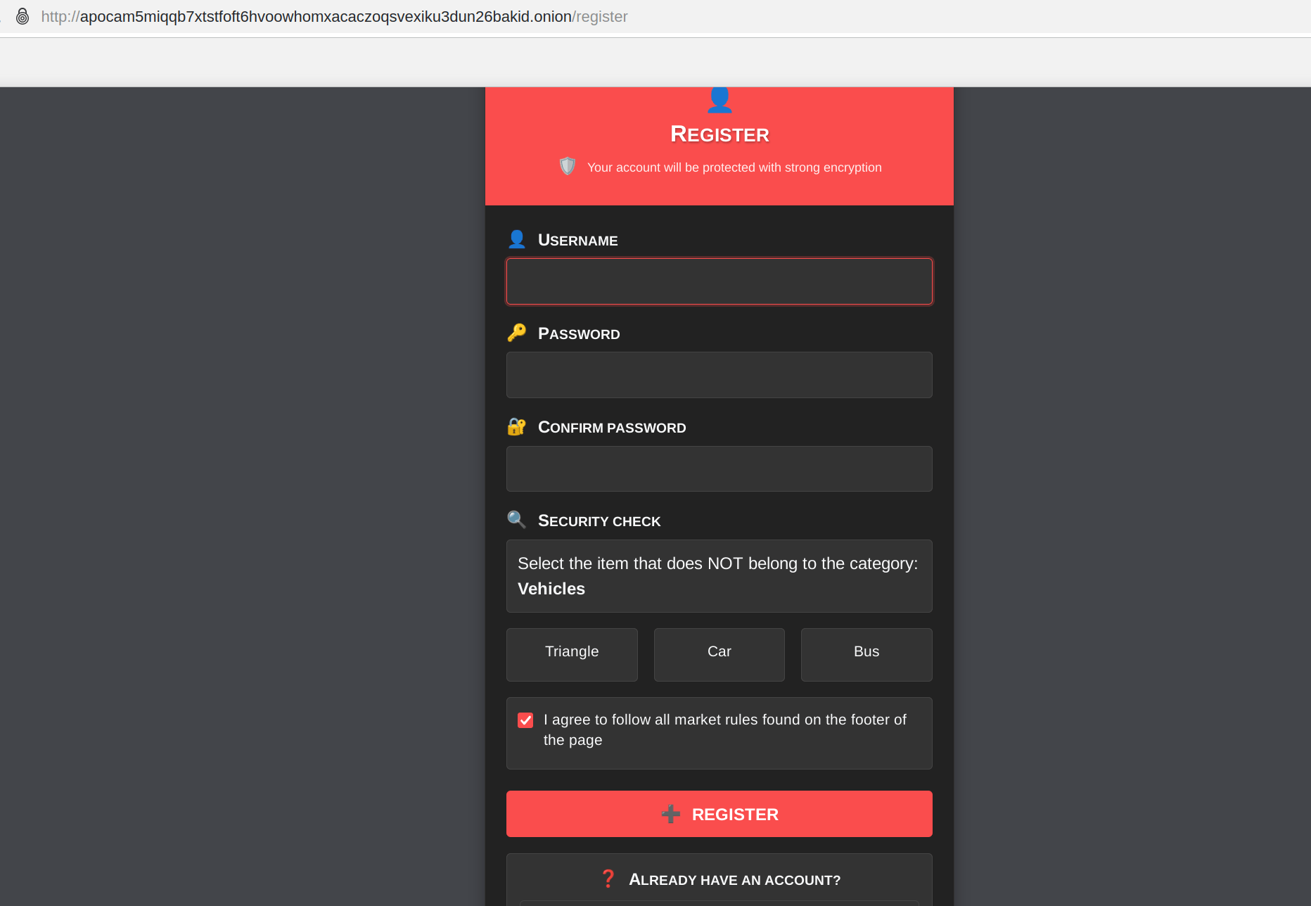 Apocalypse Market Registration Page